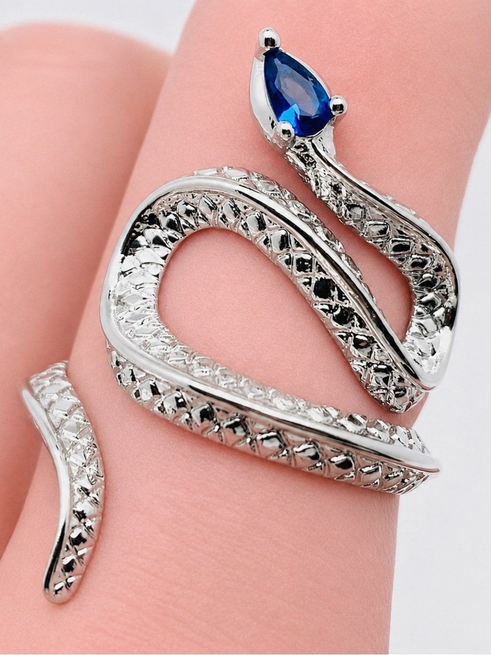 Blue Rhinestone Adjustable Snake Ring – Silver Tone